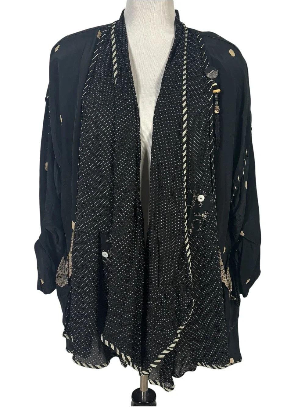 Lorraine Black Silk Polka Dot Art to Wear Boho Artsy Lagenlook Jacket OS